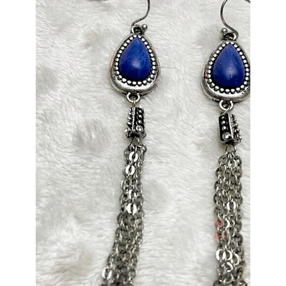 Vintage Natural Lapis Lazuli, Silver Plated, Tear Drop Shaped, Dangle Earrings - Picture 6 of 6